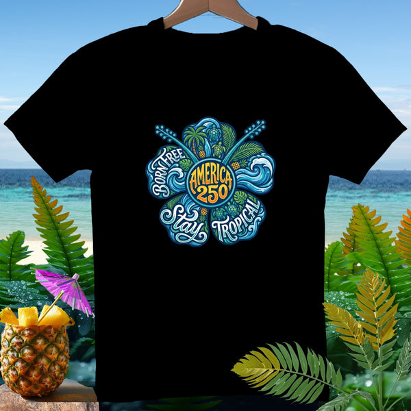 Black t-shirt with colorful circular graphic featuring guitars, waves, and text.