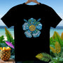 Black t-shirt with colorful circular graphic featuring guitars, waves, and text.