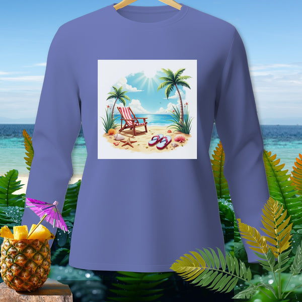Long-sleeve shirt with a beach scene graphic featuring a lounge chair, palm trees, and flip-flops.
