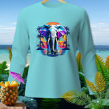 Light blue long sleeve shirt with a geometric elephant and tropical sunset graphic.