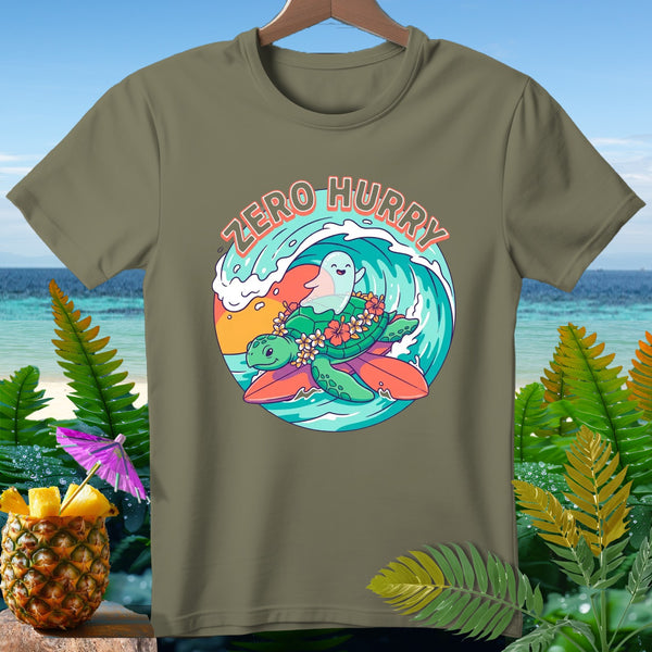 T-shirt graphic: turtle, ghost, and wave with text "Zero Hurry."