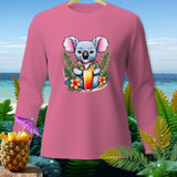 Pink long-sleeve shirt with cartoon koala holding a tropical drink and surrounded by flowers.
