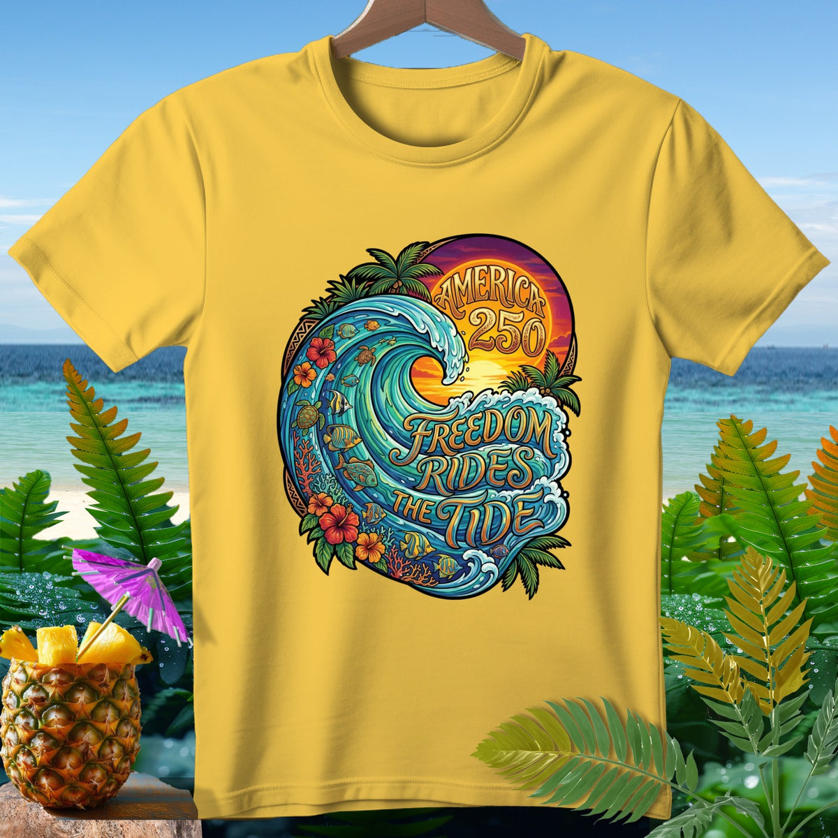 Yellow t-shirt with "America 250 Freedom Rides the Tide" wave graphic.