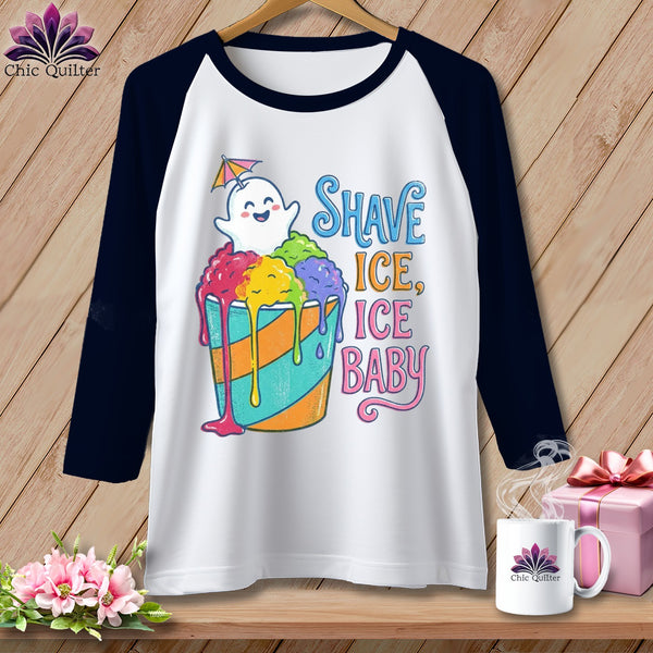White raglan shirt with "Shave Ice, Ice Baby" text and a cartoon ghost.