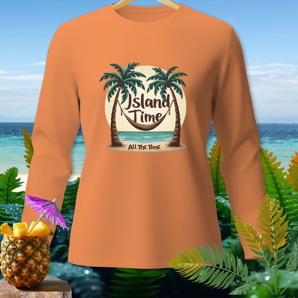 Orange long-sleeve shirt with "Island Time All The Time" text and beach graphic.
