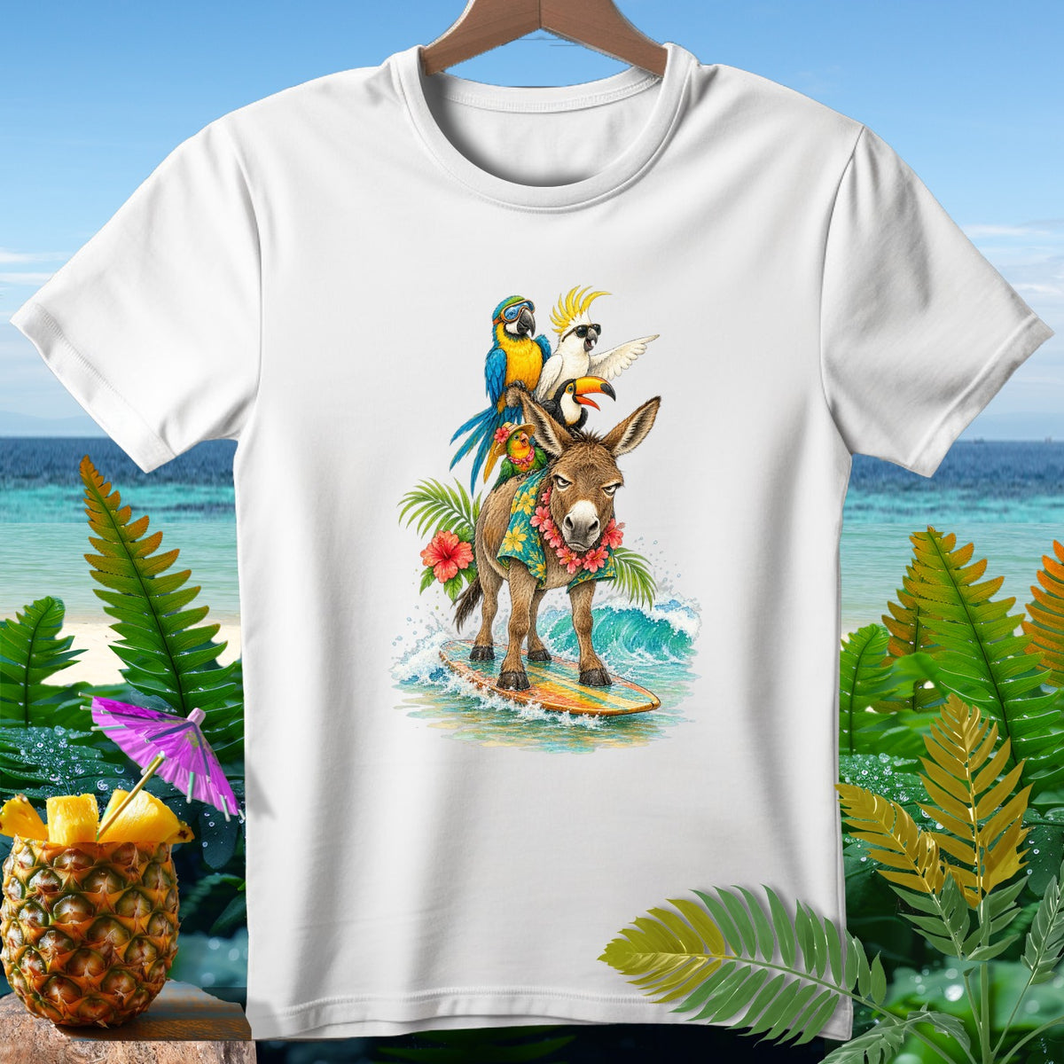 Donkey surfing with parrots and toucan, wearing Hawaiian shirt, on a beach background.