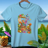 Two squirrels making and enjoying tropical smoothies on a beach.
