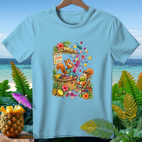 Two squirrels making and enjoying tropical smoothies on a beach.