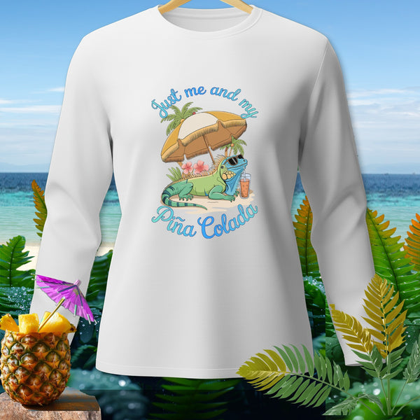 White long-sleeve shirt with iguana and "Just me and my Piña Colada" text.