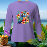 Lavender long-sleeve shirt with a colorful macaw and tropical flowers design.