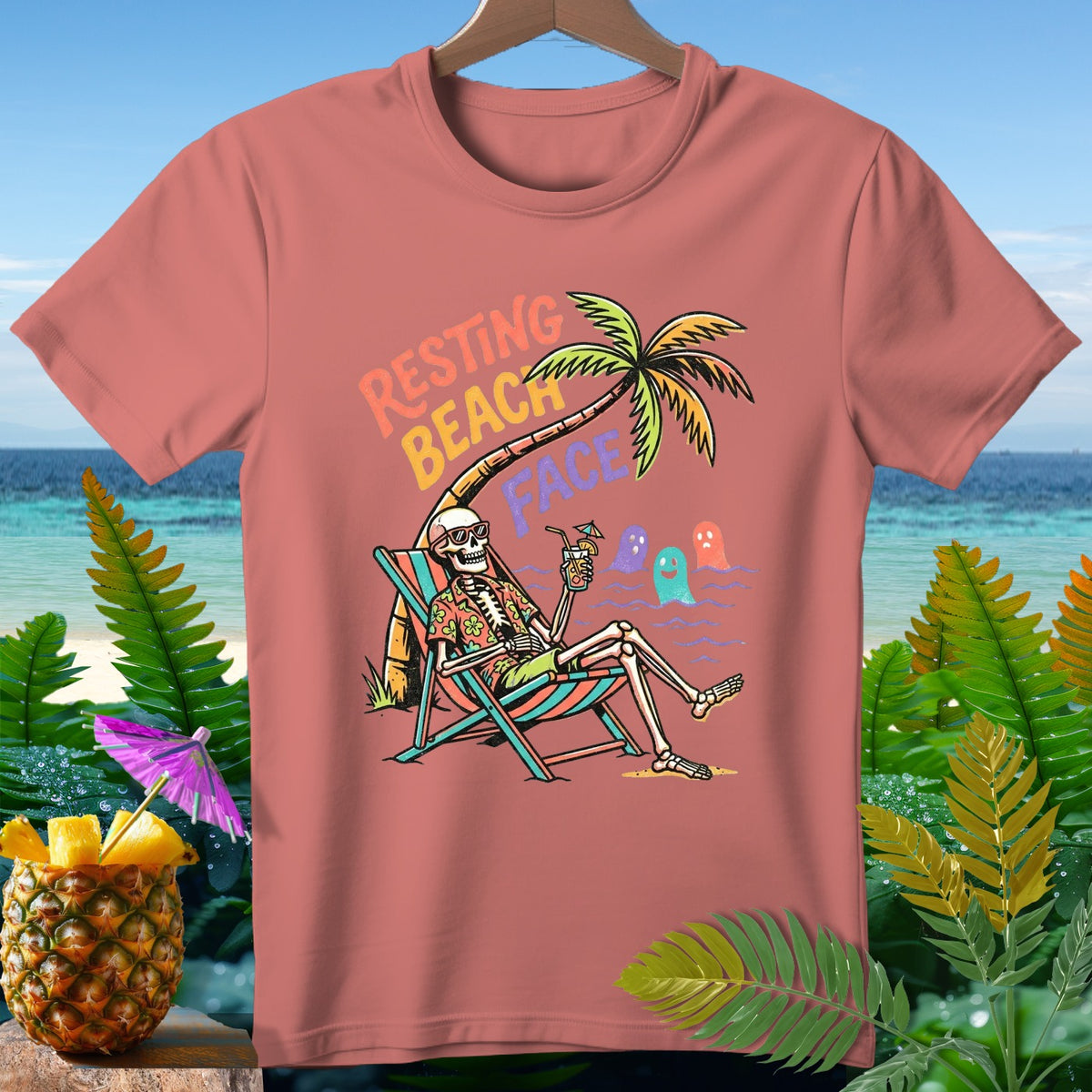 Skeleton relaxing in a beach chair under a palm tree, text reads "Resting Beach Face."