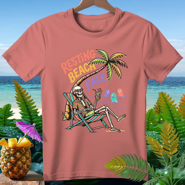 Skeleton relaxing in a beach chair under a palm tree, text reads "Resting Beach Face."