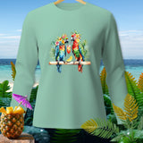 Mint green long-sleeve shirt with two macaws, cocktails, and a pineapple.