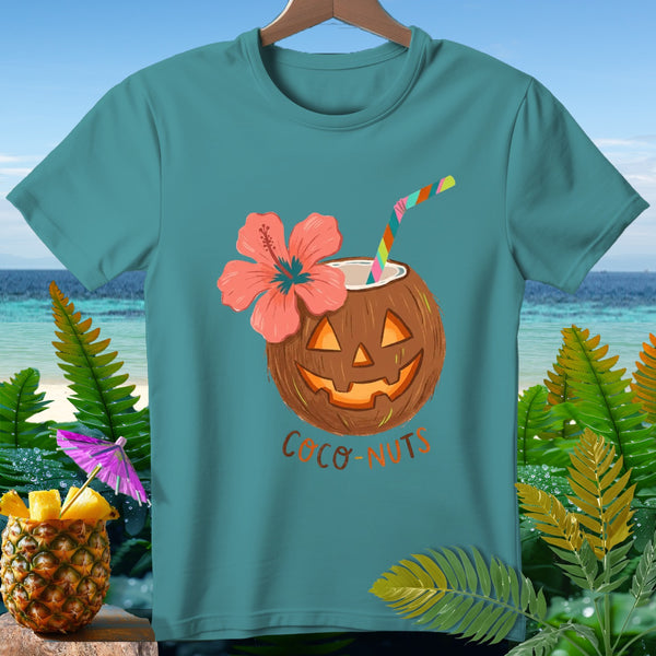 Teal t-shirt with jack-o'-lantern coconut drink and "Coco-Nuts" text.