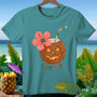 Teal t-shirt with jack-o'-lantern coconut drink and "Coco-Nuts" text.
