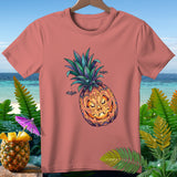 T-shirt with a jack-o'-lantern pineapple design and hanging bats.