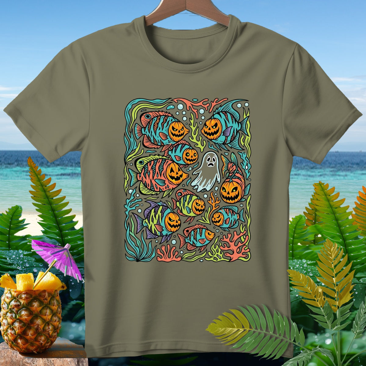 Olive green t-shirt with Halloween-themed fish and a ghost design.