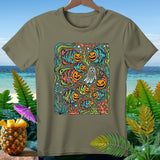 Olive green t-shirt with Halloween-themed fish and a ghost design.
