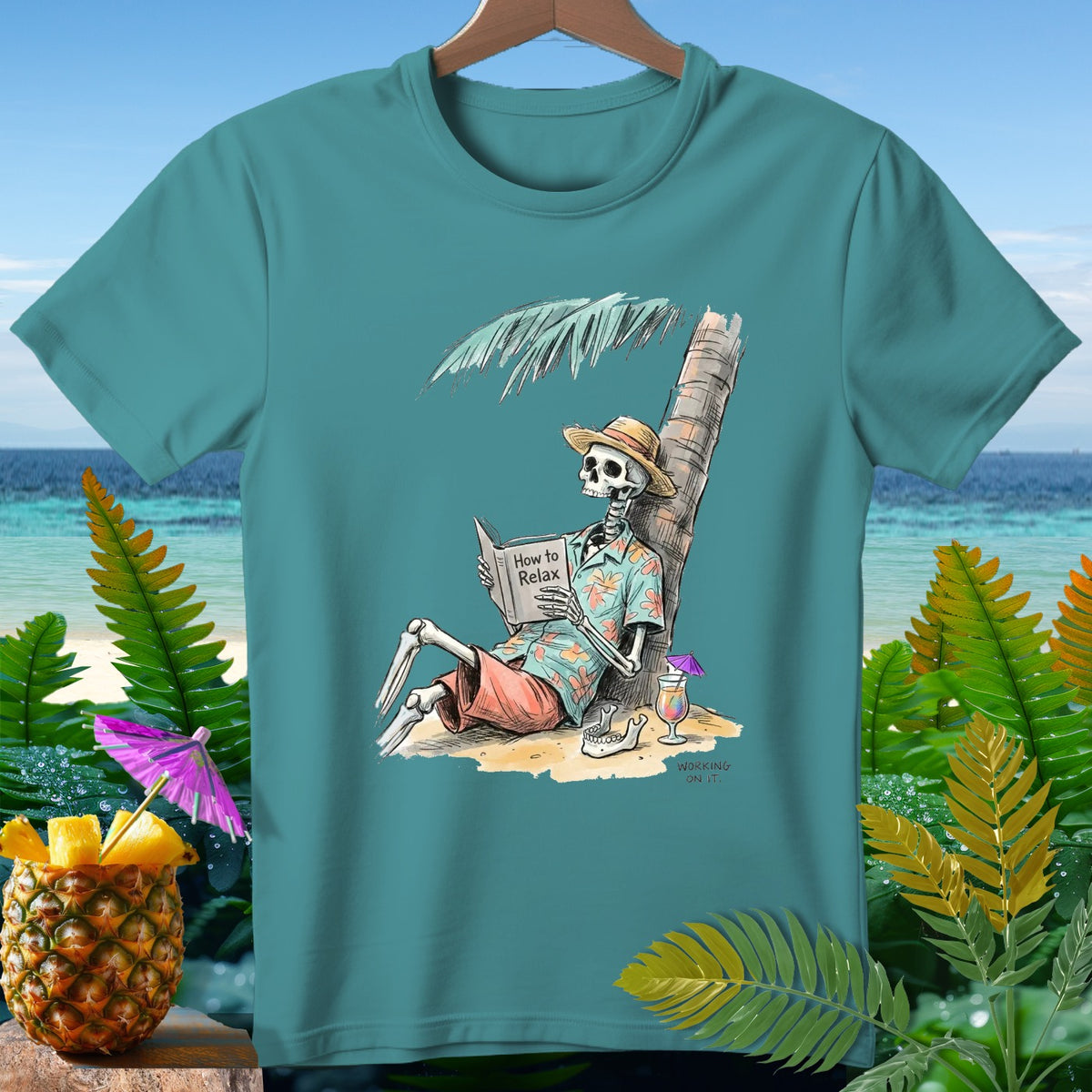Skeleton reading "How to Relax" book under a palm tree on a beach.