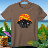 Brown t-shirt with a black pug wearing a yellow hibiscus-patterned hat.