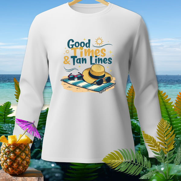 White long-sleeve shirt with "Good Times & Tan Lines" graphic and beach accessories.