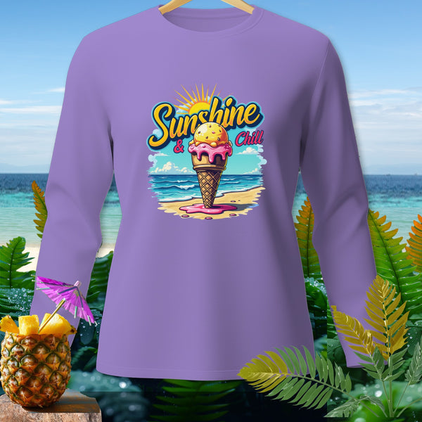 Purple long-sleeved shirt with "Sunshine & Chill" and ice cream cone graphic.