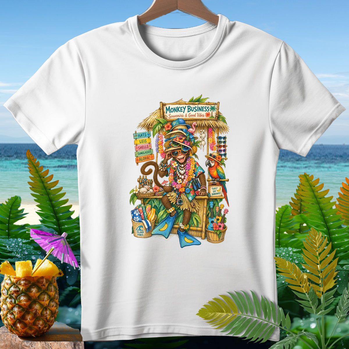 Monkey with leis and sunglasses at a tropical stand selling souvenirs and good vibes.
