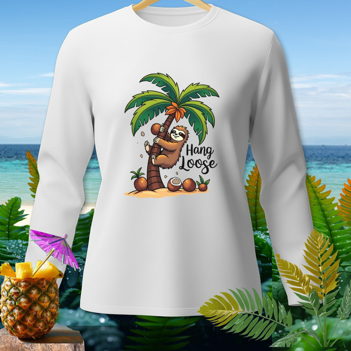 White long-sleeve shirt with a sloth on a palm tree and "Hang Loose" text.