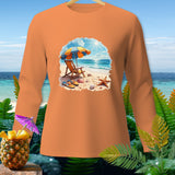 Orange long-sleeve shirt with a beach scene graphic featuring a chair and umbrella.