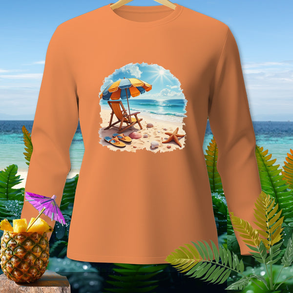 Orange long-sleeve shirt with a beach scene graphic featuring a chair and umbrella.