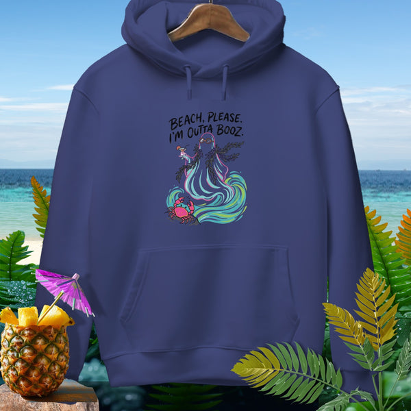 Navy hoodie with graphic: "Beach, Please. I'm Outta Booz."