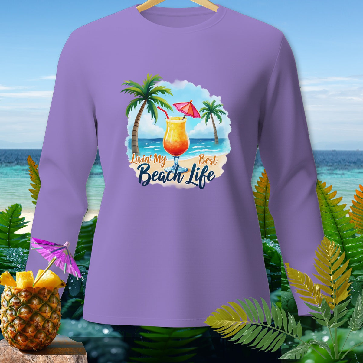 Lavender long-sleeve shirt with "Livin' My Best Beach Life" graphic.