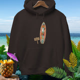 Brown hoodie with Halloween surfboard graphic and 