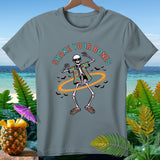 Skeleton wearing Hawaiian shirt and sunglasses, text 