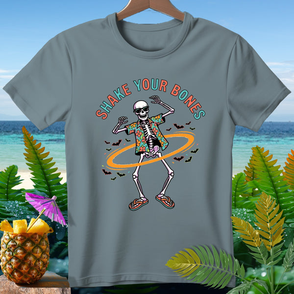 Skeleton wearing Hawaiian shirt and sunglasses, text "Shake Your Bones," and bats.