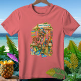 Monkey wearing leis and sunglasses at a tropical stand, 