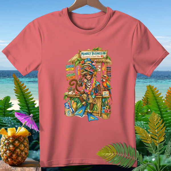 Monkey wearing leis and sunglasses at a tropical stand, "Monkey Business" text.