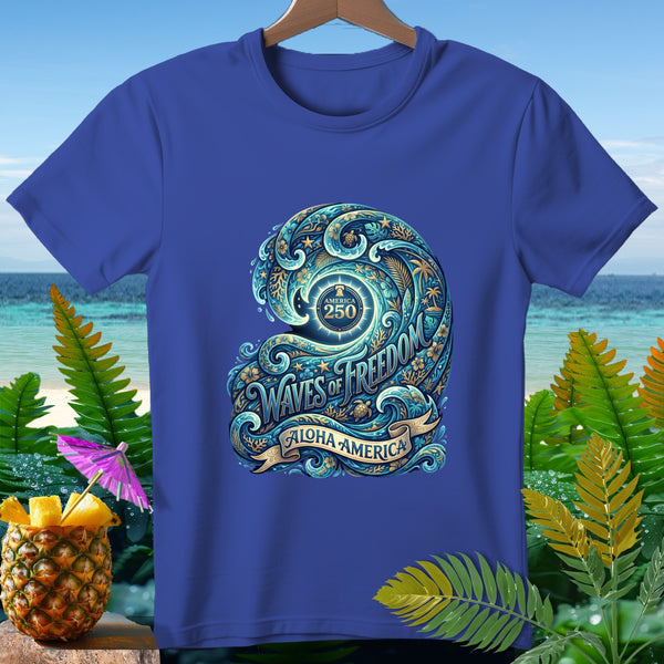 Blue t-shirt with "Waves of Freedom Aloha America 250" wave design.