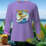 Purple long-sleeve shirt with cartoon sunflower surfing and 