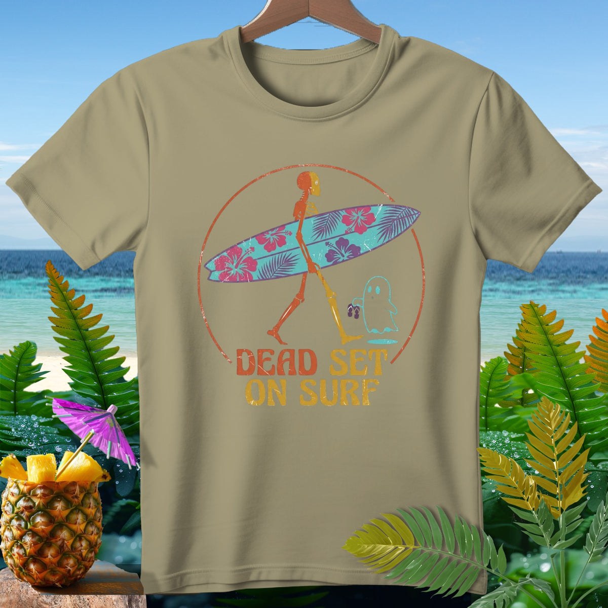 T-shirt with skeleton carrying surfboard and text "DEAD SET ON SURF".