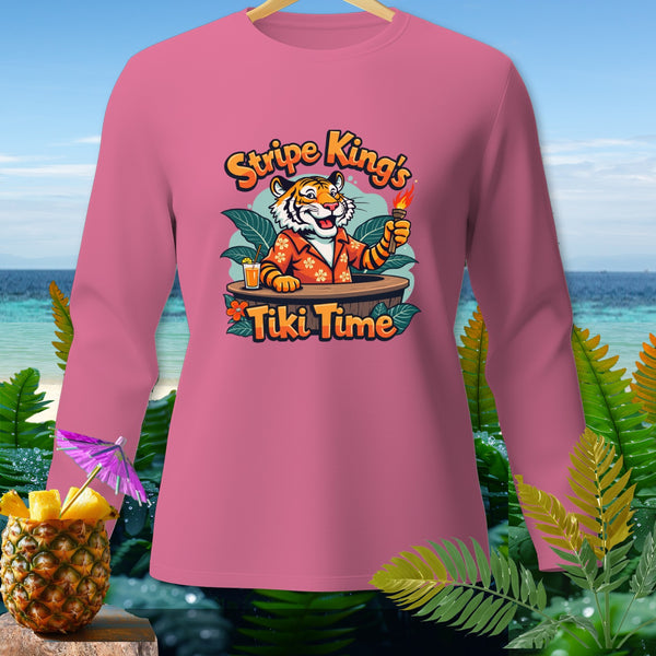 Pink long-sleeve shirt with cartoon tiger holding torch, text "Stripe King's Tiki Time".