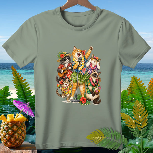 Cats in Hawaiian attire sing and play instruments on a beach.