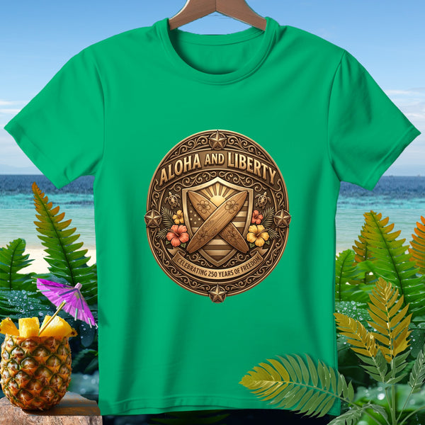 Green t-shirt with "Aloha and Liberty" emblem celebrating 250 years of freedom.