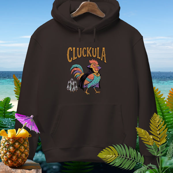 Dark brown hoodie with "CLUCKULA" text and a vampire rooster graphic.