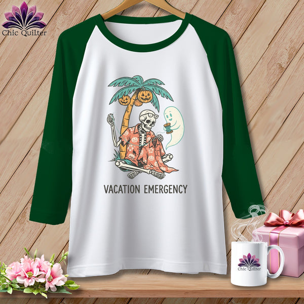 Skeleton and ghost on beach with text "VACATION EMERGENCY" on shirt.