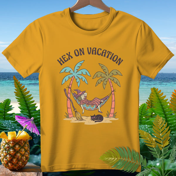 T-shirt with a witch relaxing in a hammock, text "Hex On Vacation".