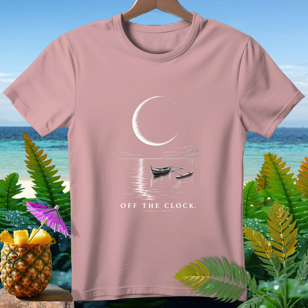 Pink t-shirt with a crescent moon, boat, and text "OFF THE CLOCK."