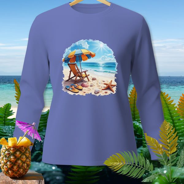 Purple long-sleeve shirt with beach graphic including chair, umbrella, and starfish.