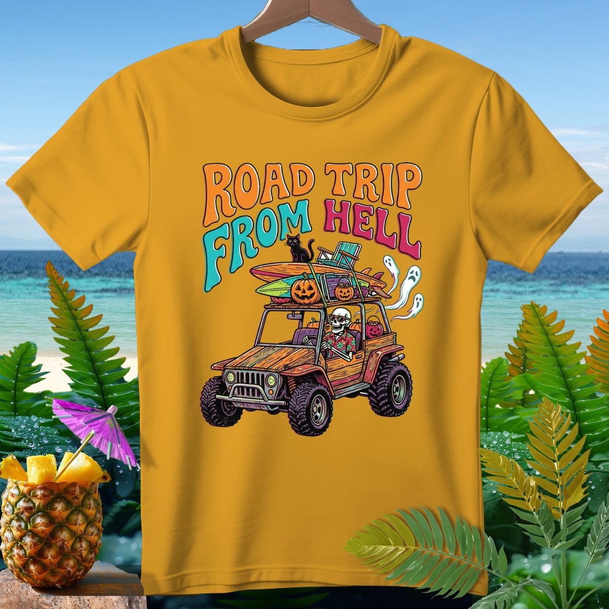 Skeleton driving Jeep with surfboards and pumpkins, "Road Trip From Hell" text.