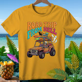 Skeleton driving Jeep with surfboards and pumpkins, 